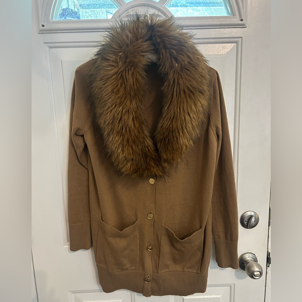 ⭐️Michael Kors Faux Fur-Collar Camel Cardigan 🧥 Ladies Small GORGEOUS⭐️